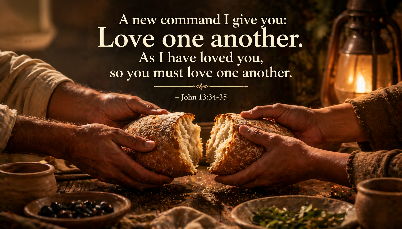 Bible verse John 13:34-35 Love one another as I have loved you on bread breaking scene wallpaper